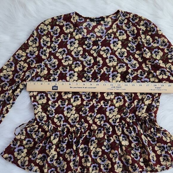 Madewell -565 Drawstring Ruffle-Hem Top Blouse in Viola Floral Burgundy Medium - Picture 7 of 10